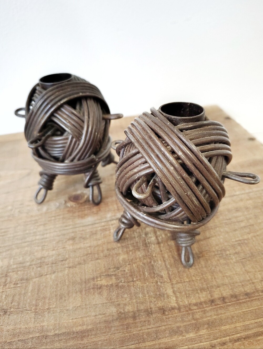 Bronze Colored Heavy Knotted Metal Wire Candle Holder Pair
